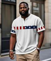 Men's Plus Size Independence Day American Flag Elemental Print Henry Collar Button Short Sleeve Tee